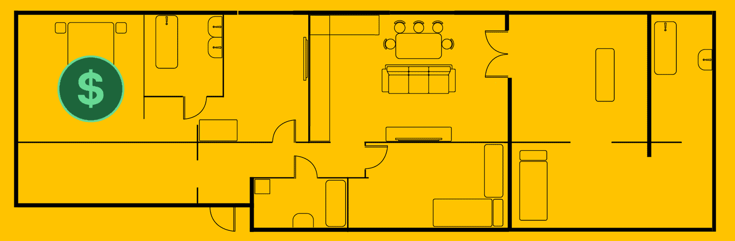 blueprint of a home layout with dollar sign symbol in a rental room