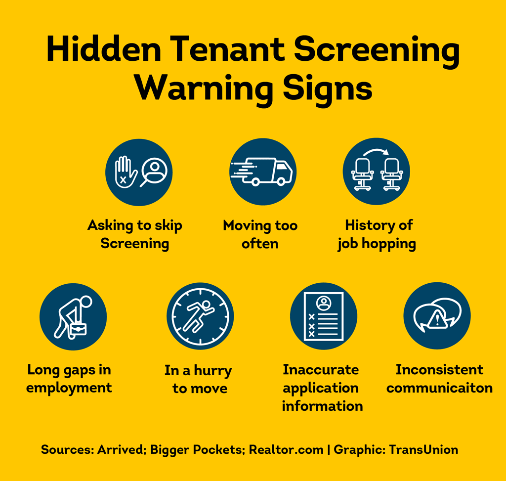 Infographic showing hidden tenant screening warning signs including skipping screening frequent moving job hopping employment gaps rushing to move incomplete applications and inconsistent communication