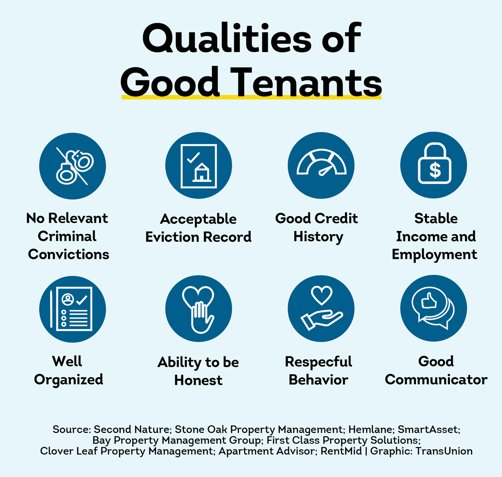 Infographic showing 8 qualities of a good tenant including credit history, income, communication, and rental history