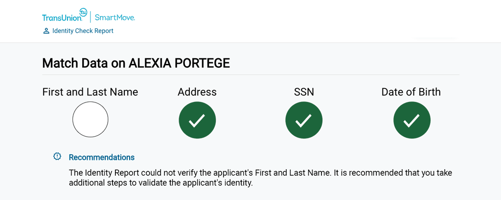 The top portion of smartmove identity report displays green checkmarks when there is a match