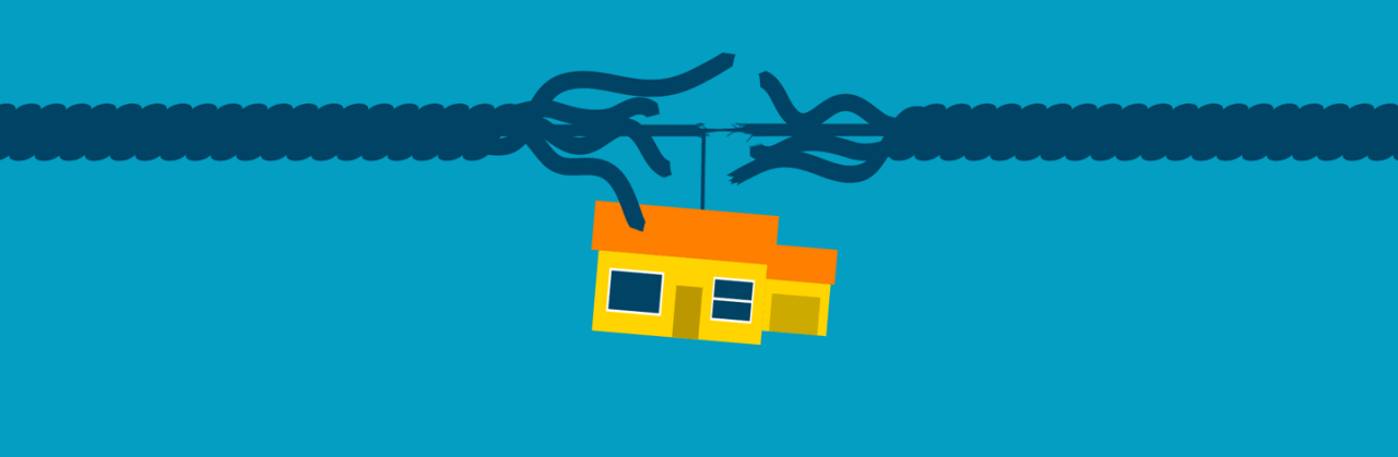 Illustration of a house dangling from a frayed rope, symbolizing instability and risk in landlord-tenant relationship