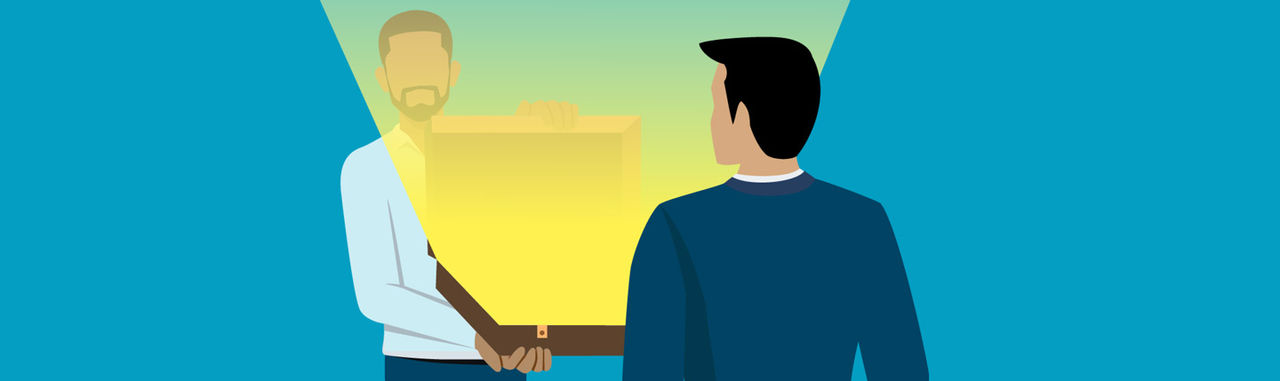 Illustration of a landlord offering a rental perk represented by a glowing box to a prospective tenant.