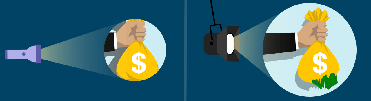 Hero image for SmartMove article comparing ResidentScore and traditional credit score, showing two spotlights highlighting money bags to symbolize deeper financial insights for tenant screening."