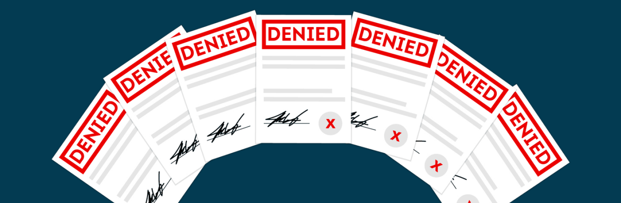Illustration of rental application papers stamped denied to represent overly strict tenant screening criteria