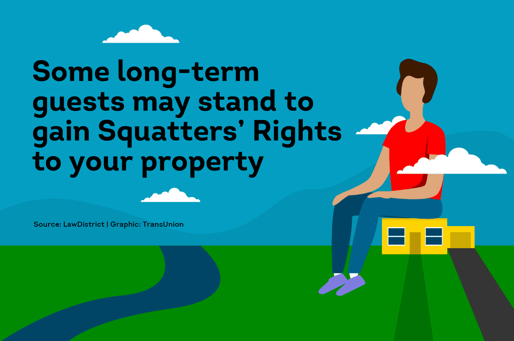 Illustration of a person sitting on a house with text warning that long-term guests may gain squatters’ rights to property.