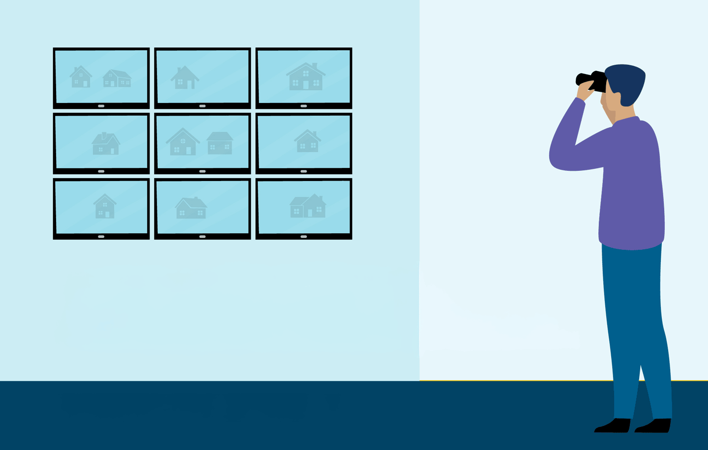 Illustration showing multiple online rental listings displayed on screens and a person taking photos