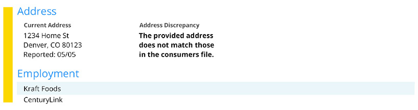 Example of Applicant address in SmartMove credit report