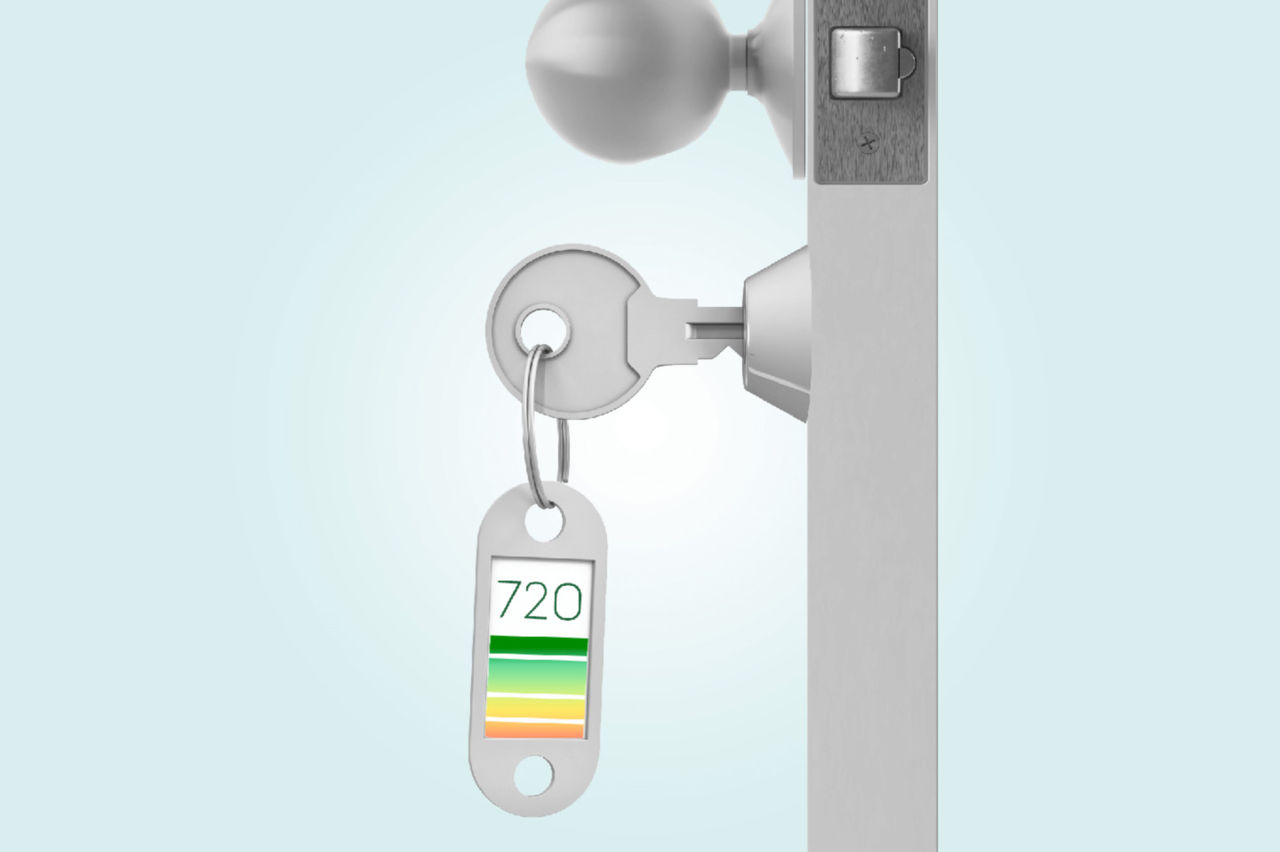 Key in a door lock with a tag showing a 720 ResidentScore used for tenant screening decisions