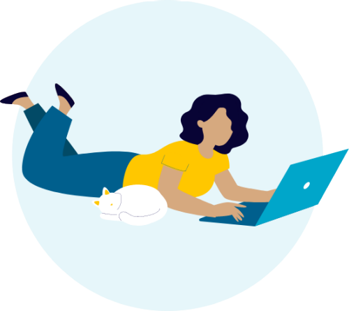 Person laying on ground with cat on computer